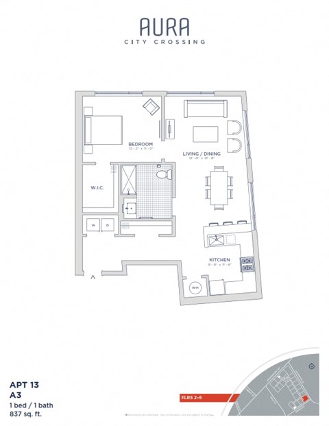 Floor plan for 1 bed, 1 bath, 837 sqft